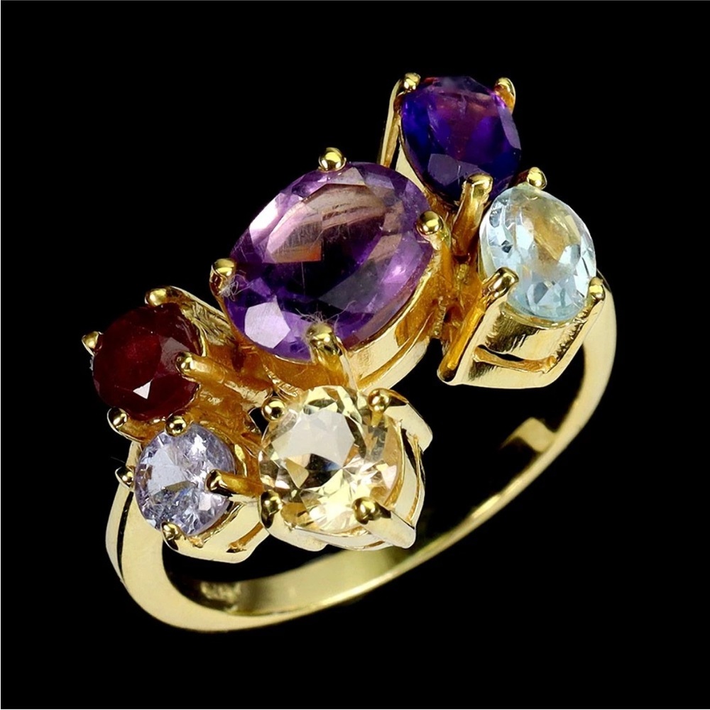 Stunning Natural Gemstone Ring in 14K Yellow Gold overlay 925 Sterling Size 7